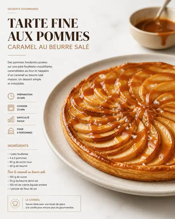 Tarte fine aux pommes et caramel au beurre salé sur pâte feuilletée croustillante