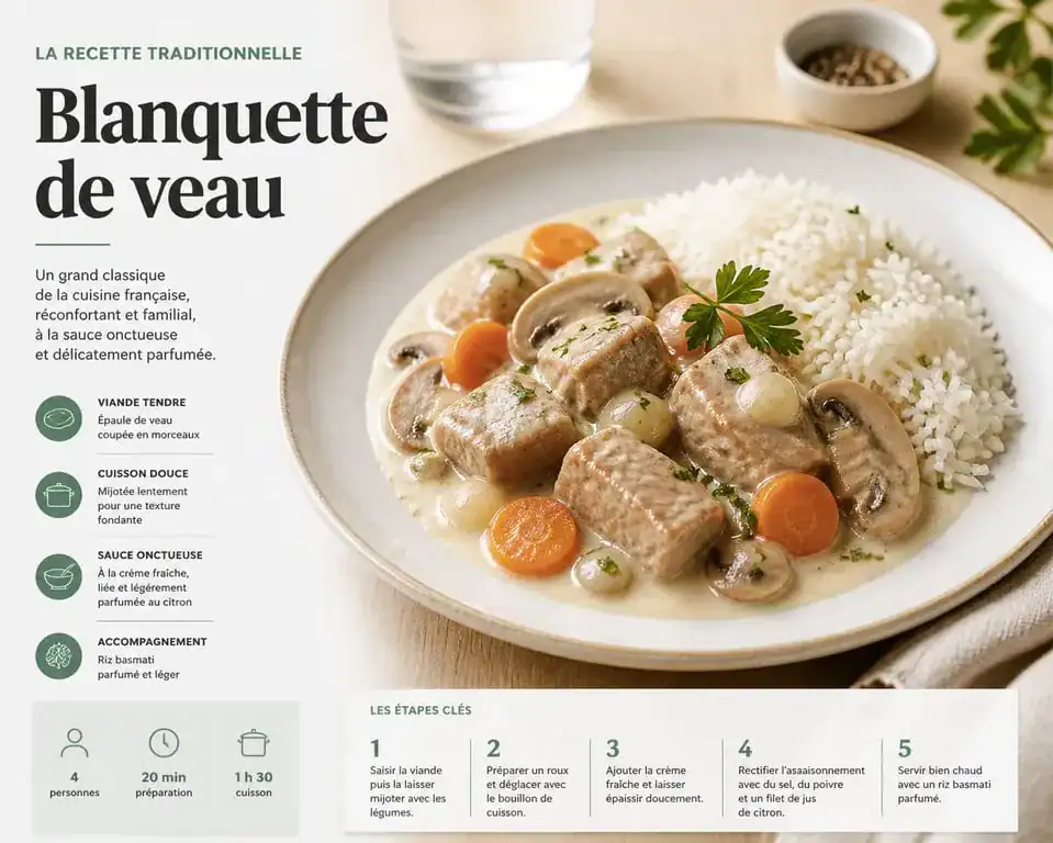 Blanquette de veau traditionnelle et son accompagnement de riz basmati dans une assiette élégante