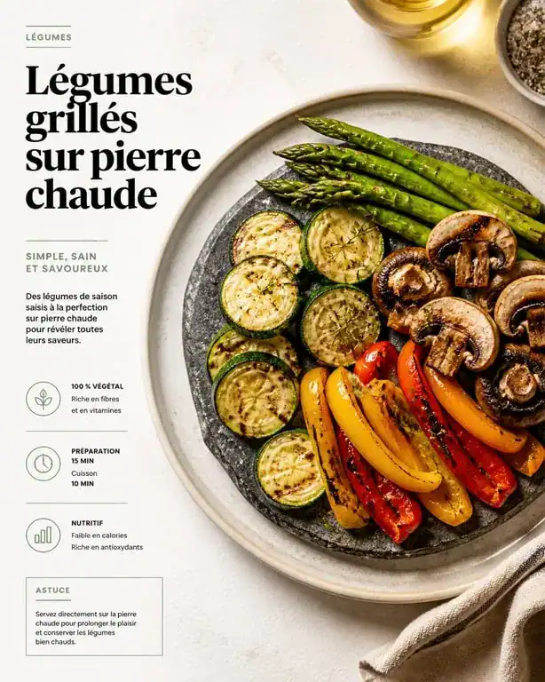 Pierrade de légumes colorés et sains cuits sur pierre chaude