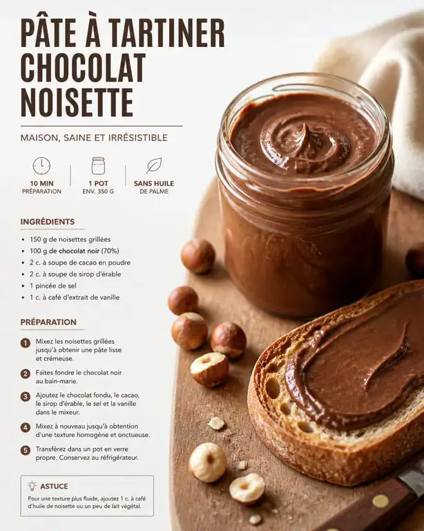 Pâte à tartiner healthy maison au chocolat et noisettes dans un bocal en verre