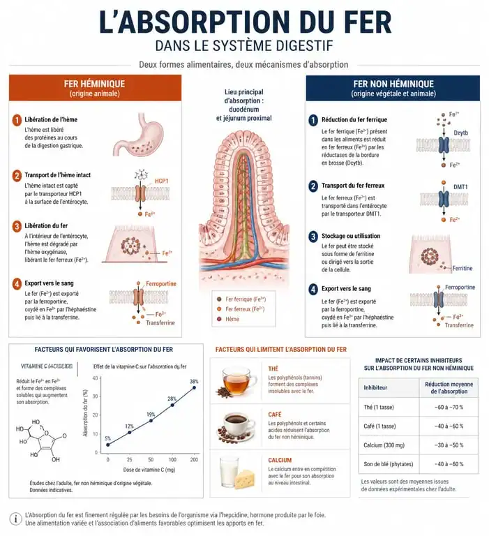 Infographie sur l'absorption du fer et les aliments riches en fer pour lutter contre l'anémie