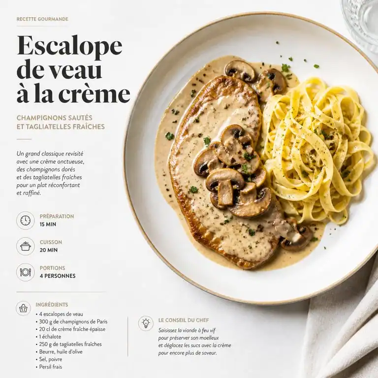 Escalope de veau à la crème et ses accompagnements, idée recette pour un repas raffiné.