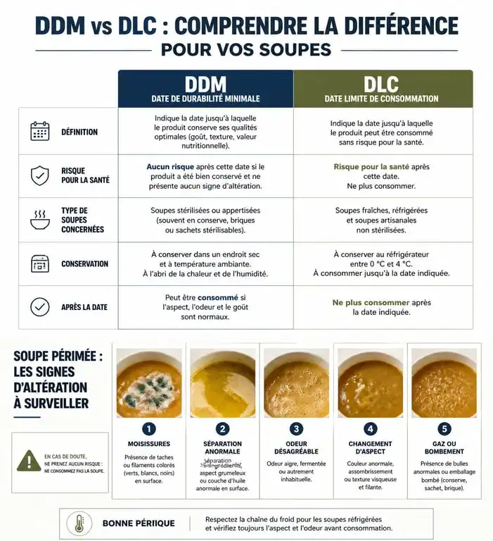 Infographie comparative DDM vs DLC et signes d'altération pour soupe périmée depuis 1 an
