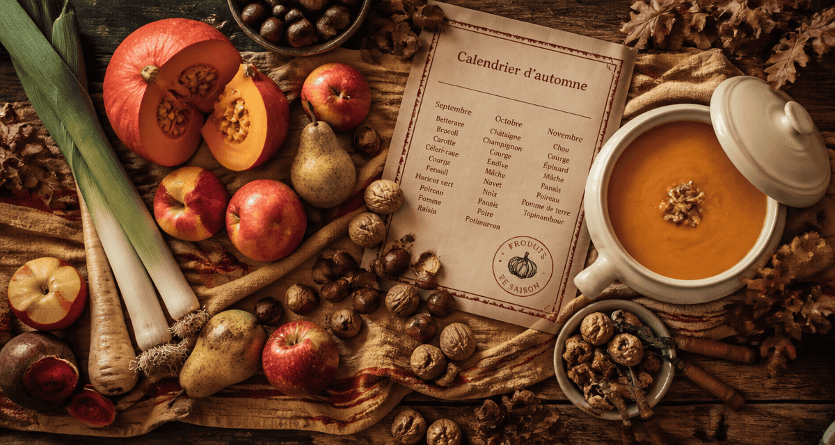 fruit et legume automne sur table avec soupe