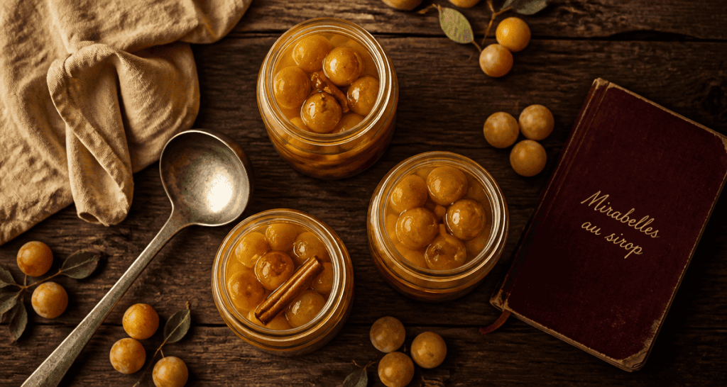 Mirabelle au sirop sans stérilisation en bocaux sur table rustique