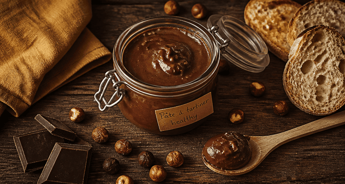 pate a tartiner healthy maison noisette chocolat sur table rustique