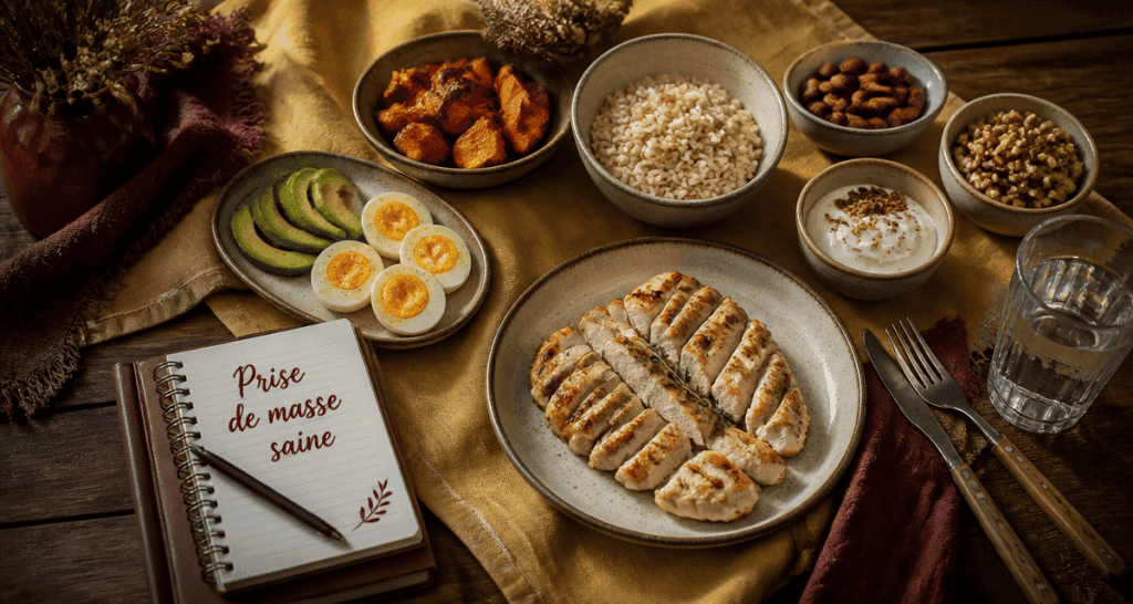 prise de masse musculaire aliments sur table rustique