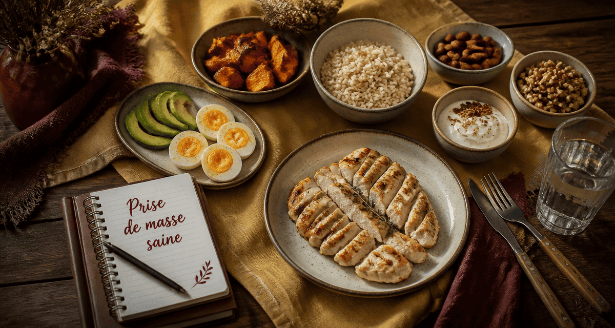 prise de masse musculaire aliments sur table rustique
