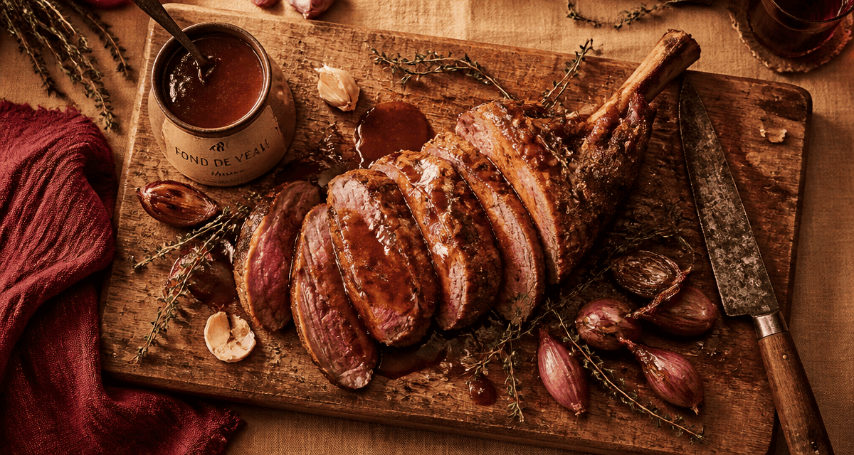 Sauce gigot d'agneau fond de veau sur planche