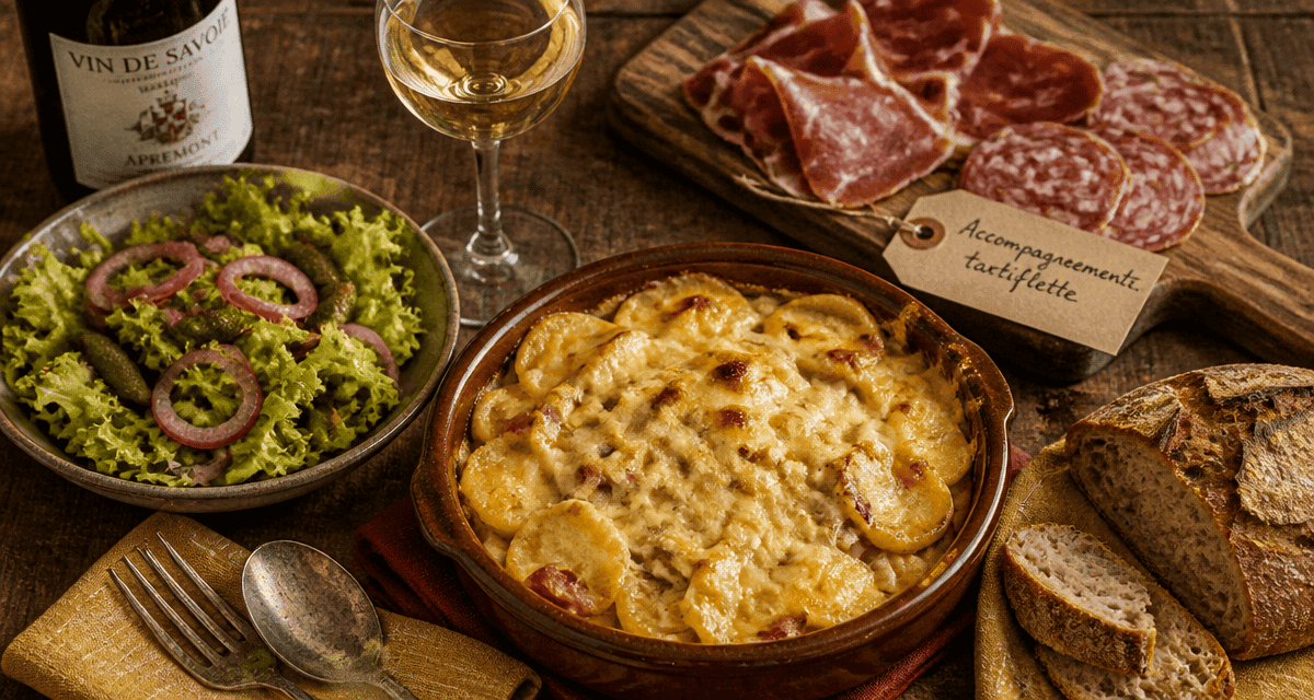 Tartiflette accompagnement avec salades amères et charcuteries artisanales
