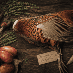 Viande faisandée faisan sur table rustique