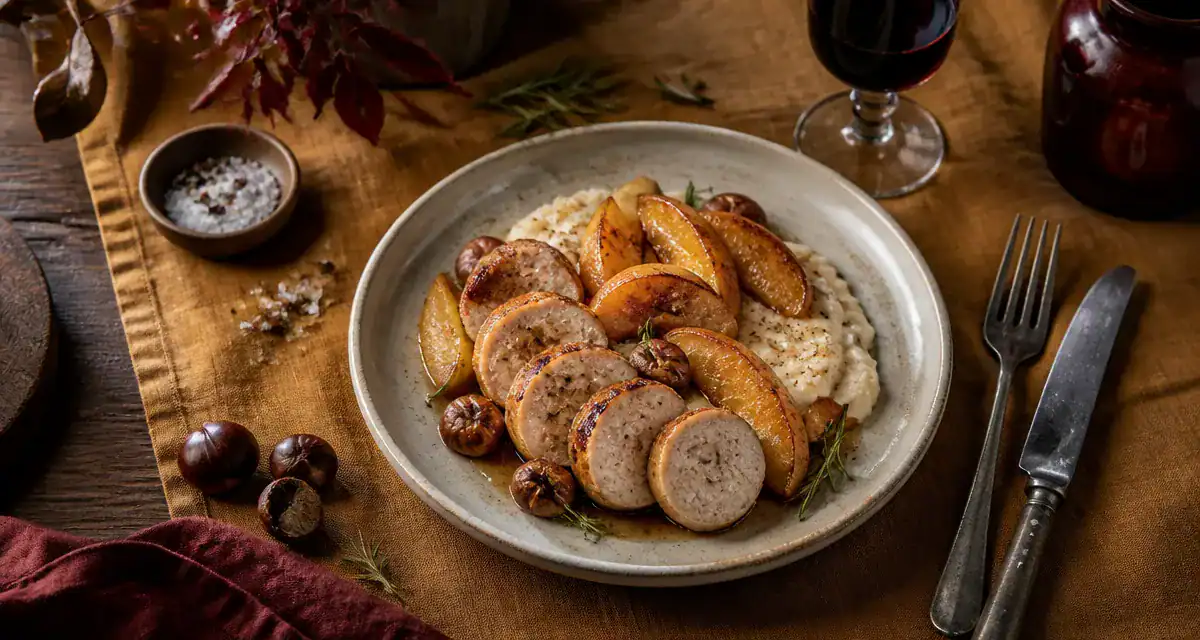 accompagnement boudin blanc avec purée et pommes rôties