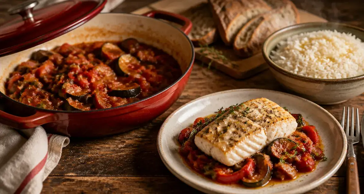 Accompagnement ratatouille : ratatouille aux légumes avec cabillaud et riz