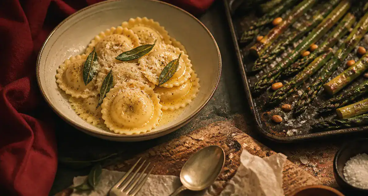 Accompagnement ravioli : raviolis ricotta, beurre de sauge et asperges rôties