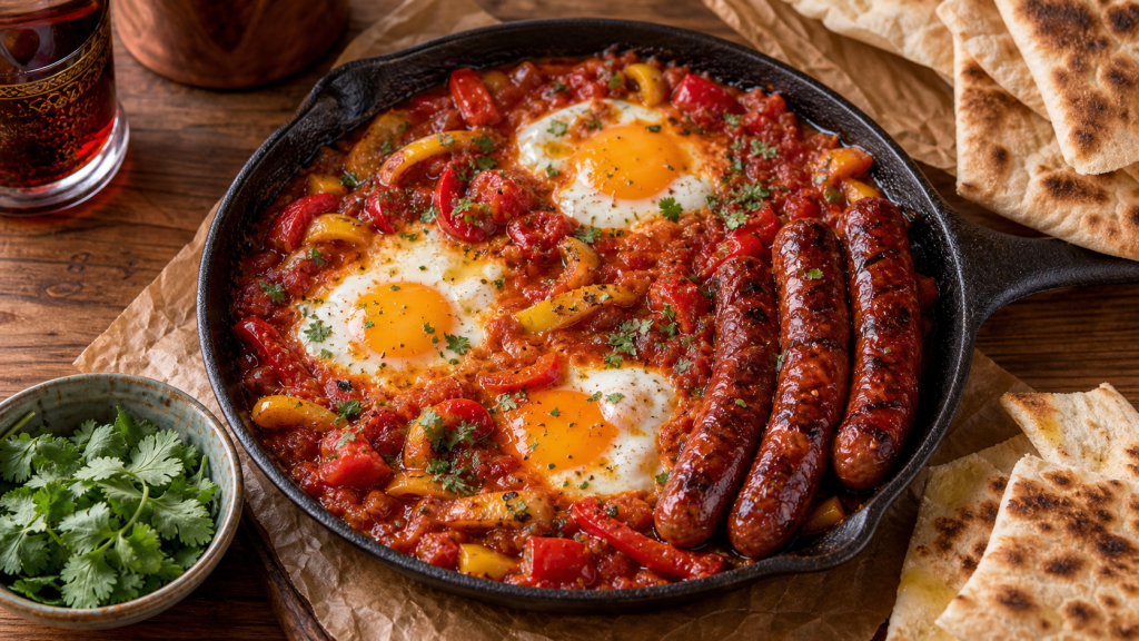 Accompagner merguez : poêle de chakchouka aux merguez, poivrons et œufs pochés