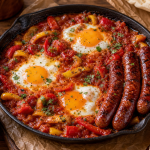 Accompagner merguez : poêle de chakchouka aux merguez, poivrons et œufs pochés
