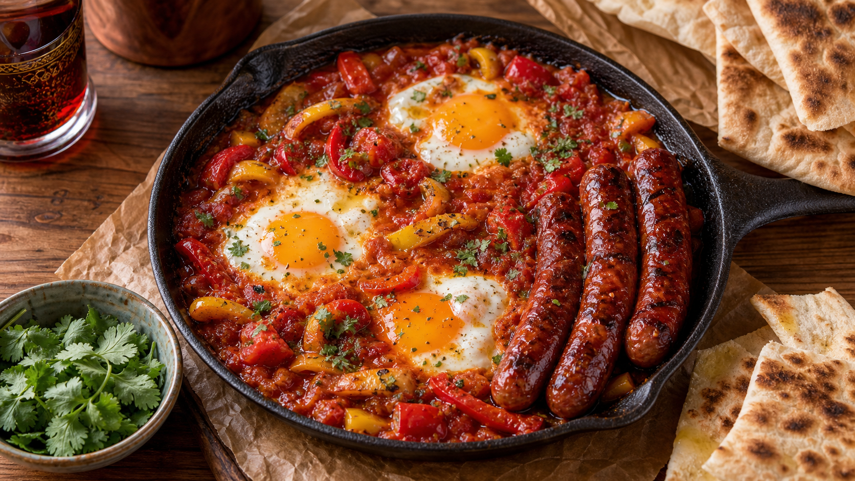 Accompagner merguez : poêle de chakchouka aux merguez, poivrons et œufs pochés