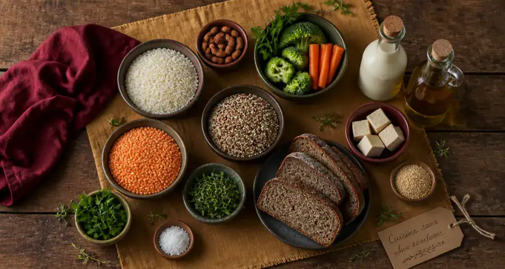 aliments sans gluten sans lactose sur table rustique