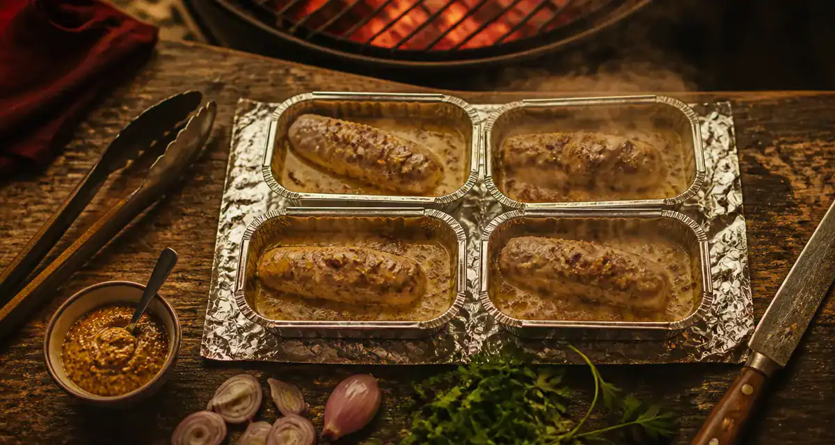 Andouillette barbecue en papillote papier aluminium avec moutarde, vapeur aux bords