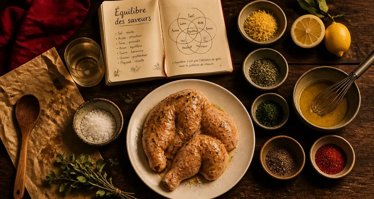 Assaisonnement en équilibre : marinade universelle et épices sur planche.