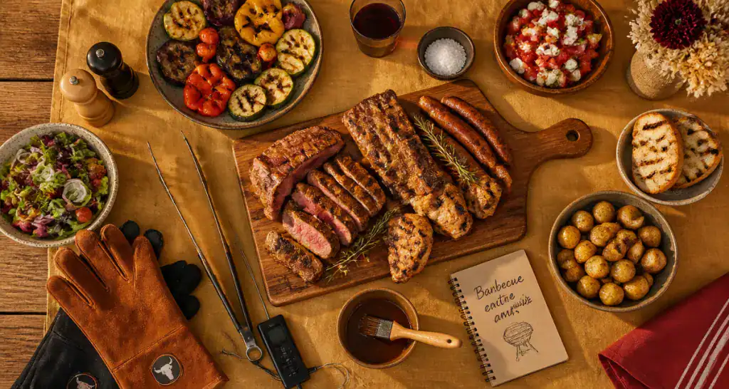 Barbecue entre amis table grillades et salades