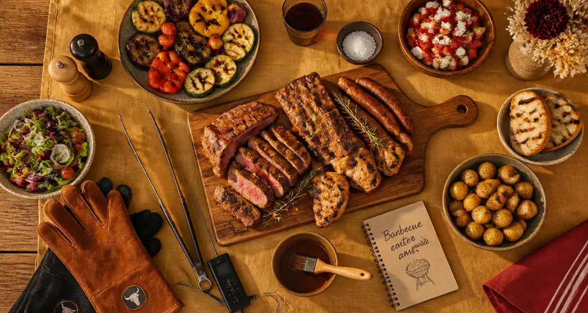 Barbecue entre amis table grillades et salades