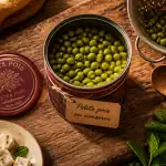 Bienfait petit pois en conserve boîte ouverte sur planche