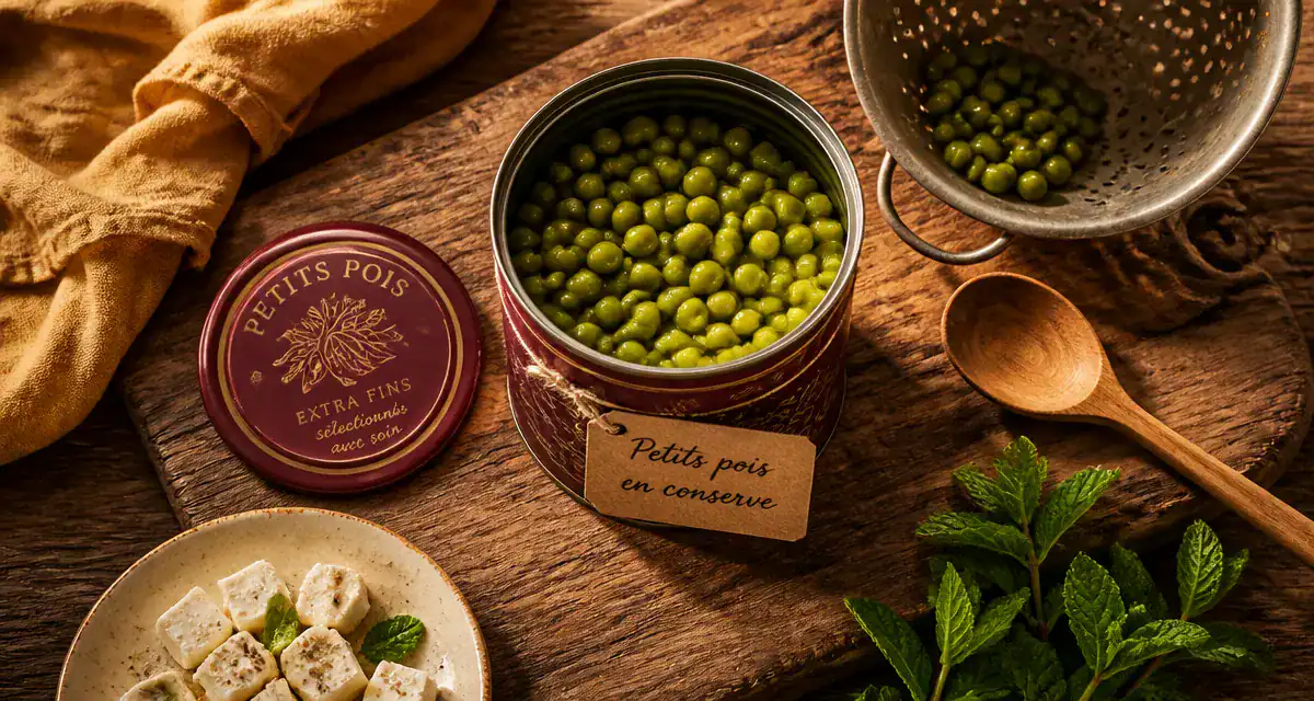 Bienfait petit pois en conserve boîte ouverte sur planche