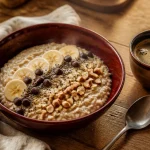Bowl petit dej équilibré : porridge, banane, chia, amandes
