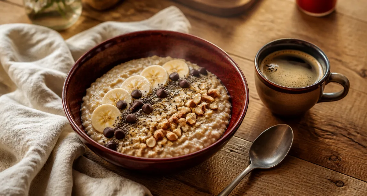 Bowl petit dej équilibré : porridge, banane, chia, amandes