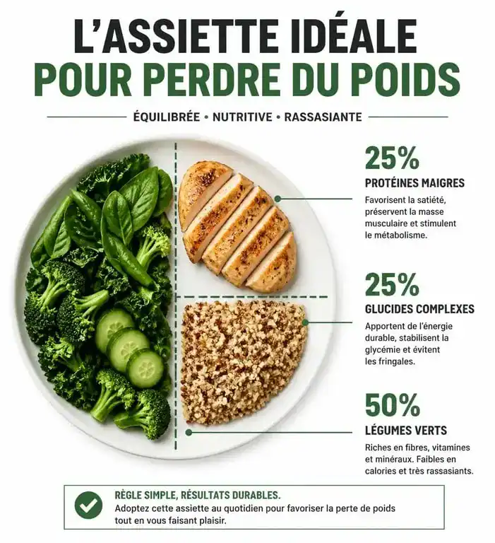 Infographie de la composition idéale d'une assiette pour savoir quoi manger pour maigrir