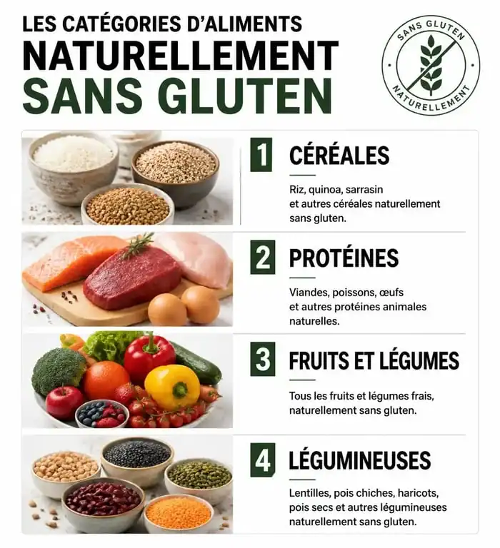 Infographie des aliments sans gluten : céréales, protéines, fruits et légumes pour une alimentation sans gluten équilibrée.