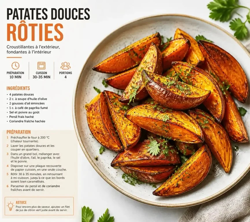 Assiette de patates douces rôties au four en accompagnement, plat gourmand et sain.