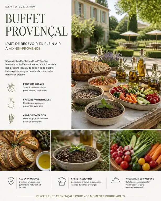 Buffet traiteur élégant pour un événement à Aix-en-Provence avec produits locaux