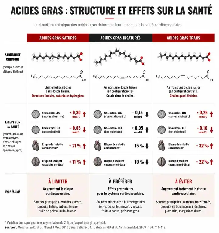 Infographie comparative des acides gras saturés, insaturés et trans et leurs effets sur la santé