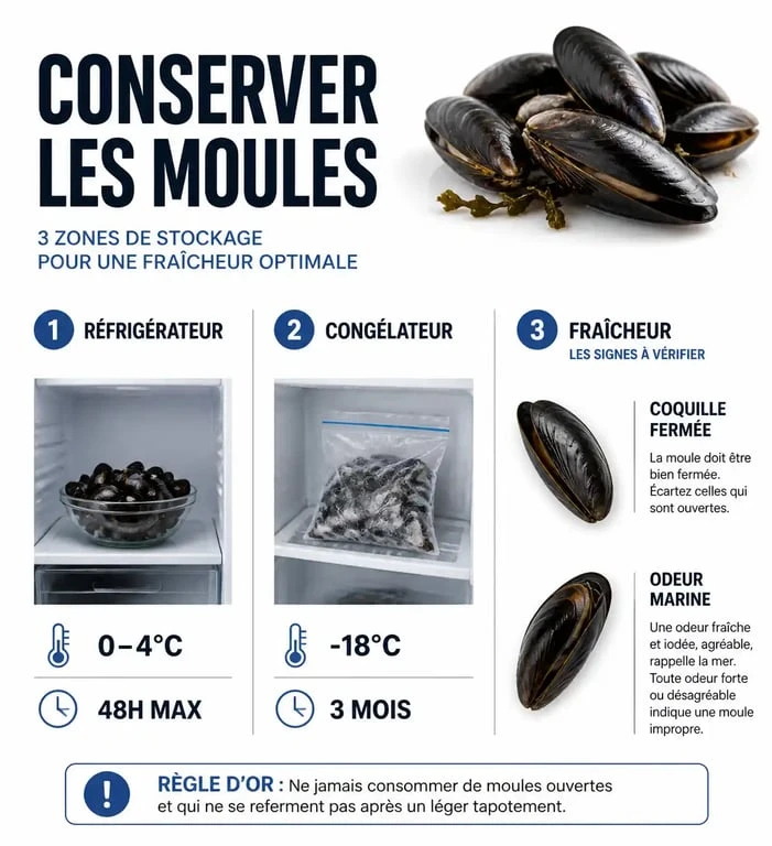 Infographie sur les méthodes de conservation des moules fraîches et cuites pour garantir la sécurité alimentaire