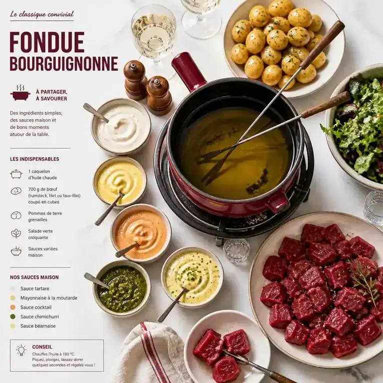 Table dressée pour une fondue bourguignonne avec ses accompagnements variés