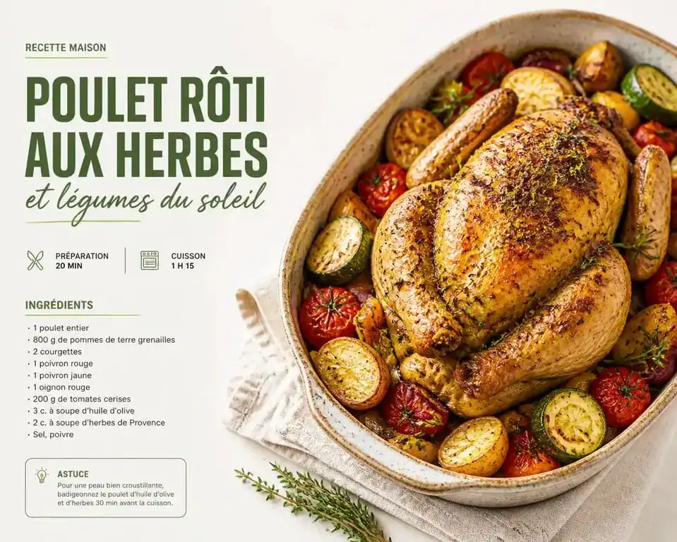 Poulet rôti aux herbes de Provence et légumes du soleil dans un plat traditionnel