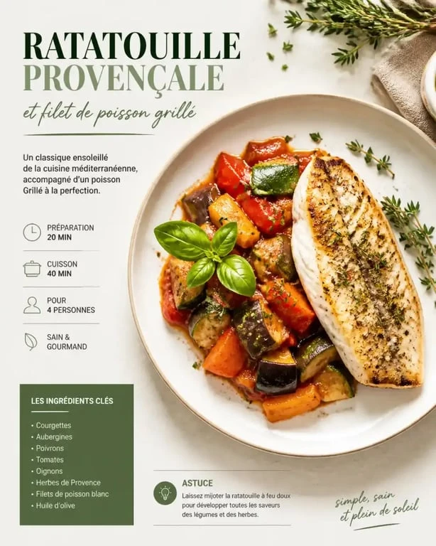 Assiette de ratatouille accompagnée d'un filet de poisson, une idée d'accompagnement pour ratatouille savoureuse.