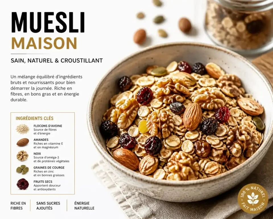 Bol de muesli maison healthy avec noix et fruits secs pour une recette de petit-déjeuner équilibré