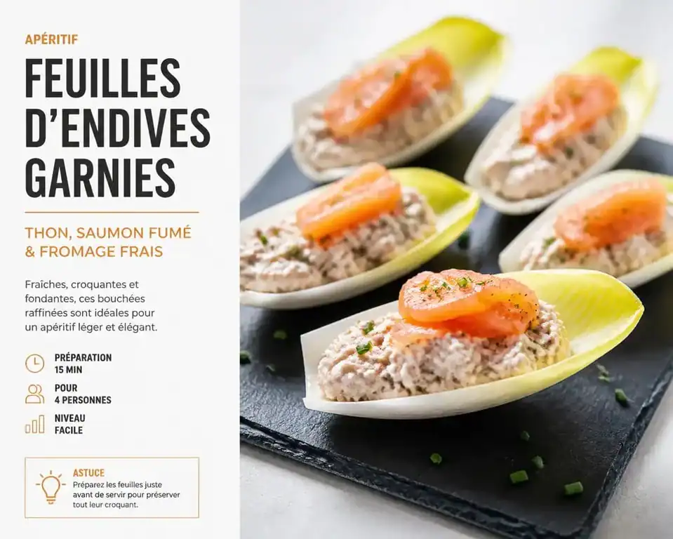 Feuilles d'endives garnies pour apéro, plateau de bouchées apéritives fraîches et colorées