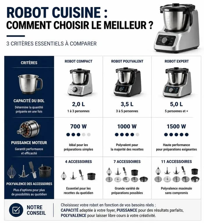 Infographie comparative pour choisir le meilleur robot cuisine selon la capacité, la puissance et les accessoires