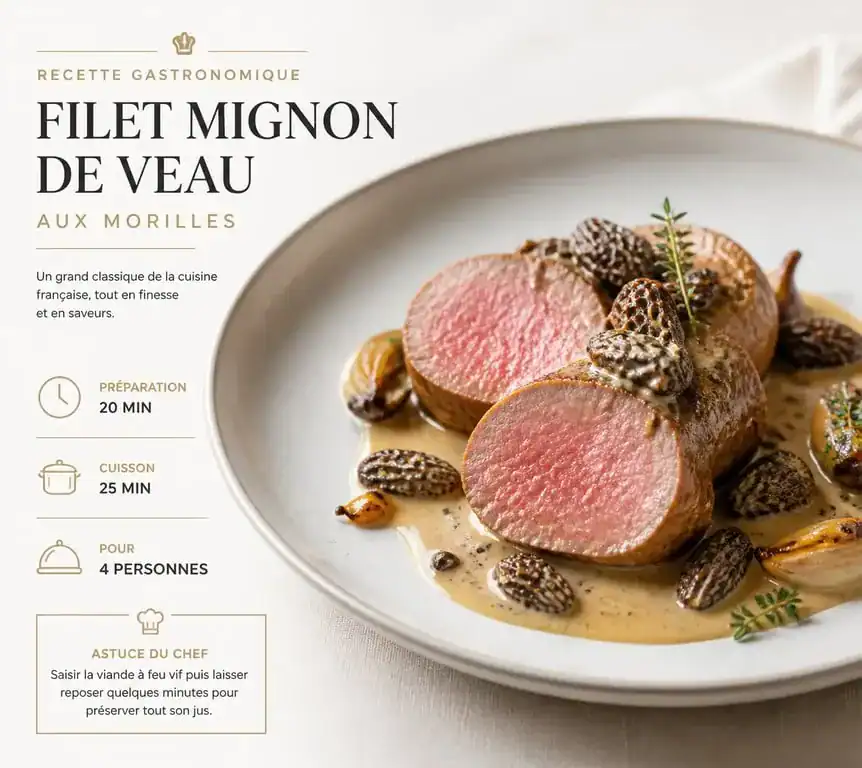 Recette filet mignon de veau gastronomique aux morilles dressé dans une assiette élégante