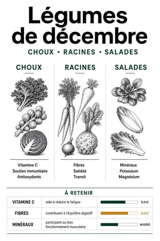 Infographie des bienfaits nutritionnels des légumes de décembre pour la santé en hiver
