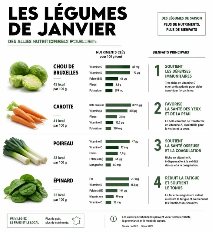 Infographie des bienfaits nutritionnels des légumes de saison en janvier