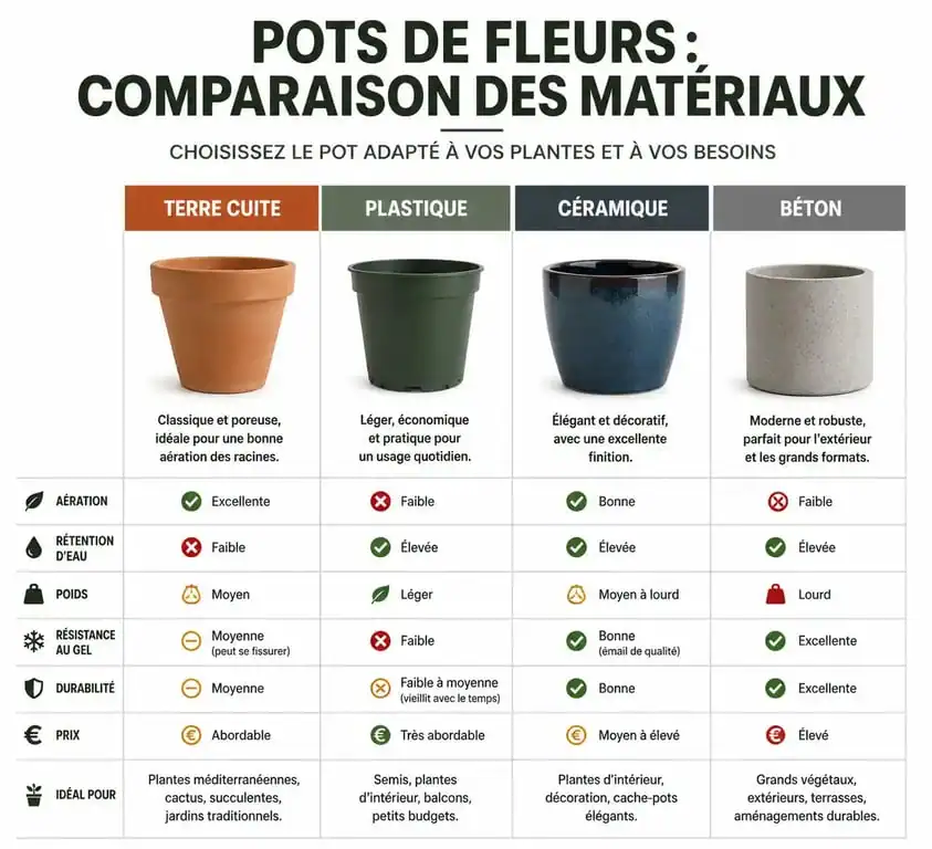 Comparatif des matériaux de pots de fleurs : terre cuite, plastique, céramique et béton pour choisir le meilleur pot de fleurs.