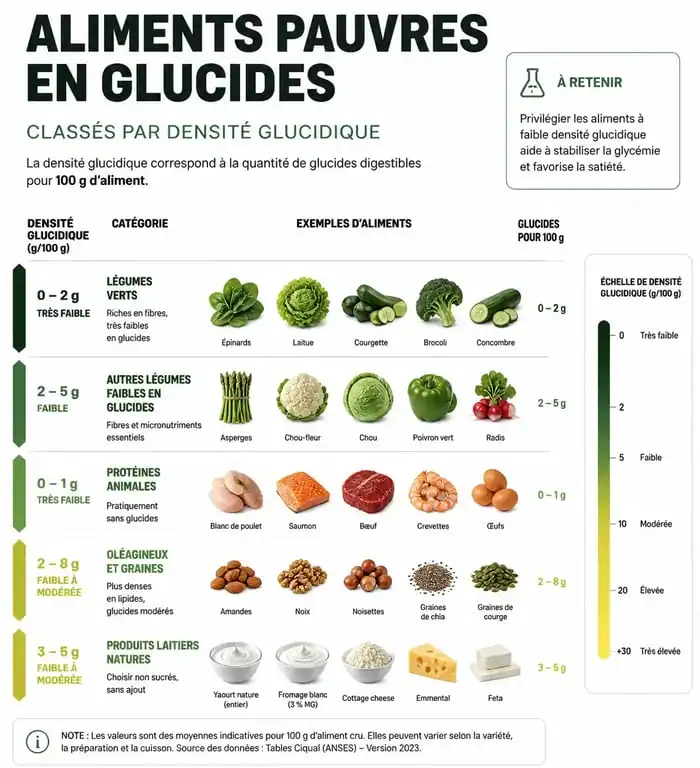 Infographie des aliments pauvres en glucides pour une alimentation équilibrée
