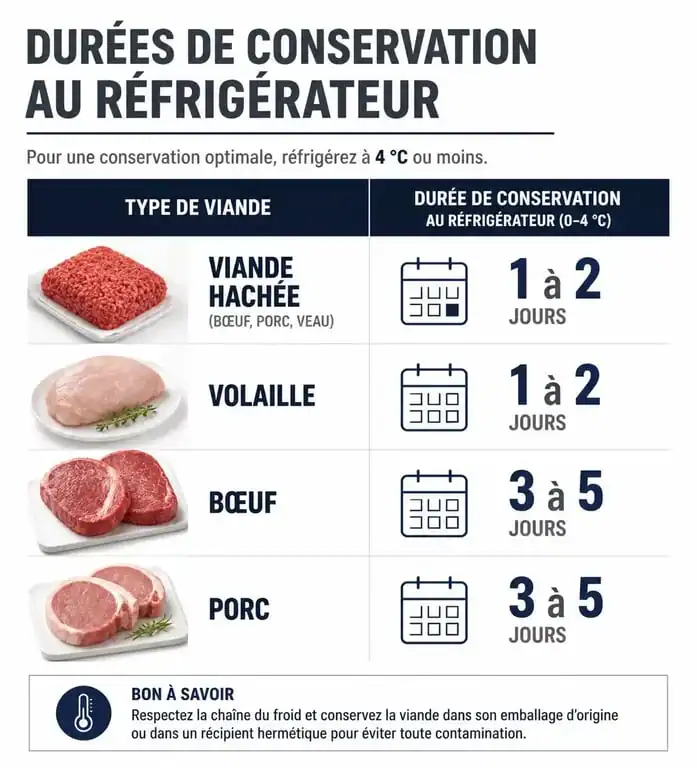 Infographie des durées de conservation de la viande décongelée au réfrigérateur pour la sécurité alimentaire