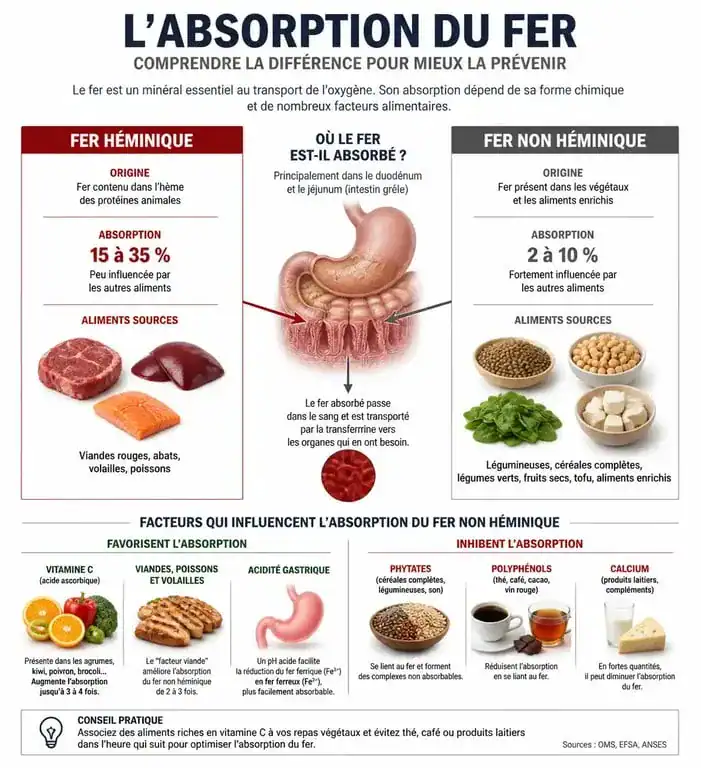 Infographie sur les aliments riches en fer et les conseils pour optimiser l'absorption du fer