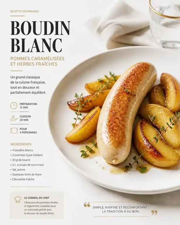 Boudin blanc poêlé accompagné de pommes caramélisées, idée d'accompagnement pour boudin blanc